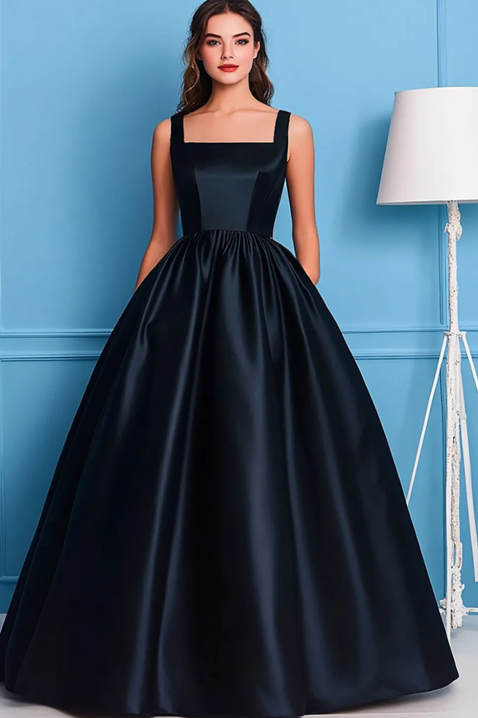 Preto Linha-A Pescoço Quadrado Cetim Longo Vestidos Cerimónia