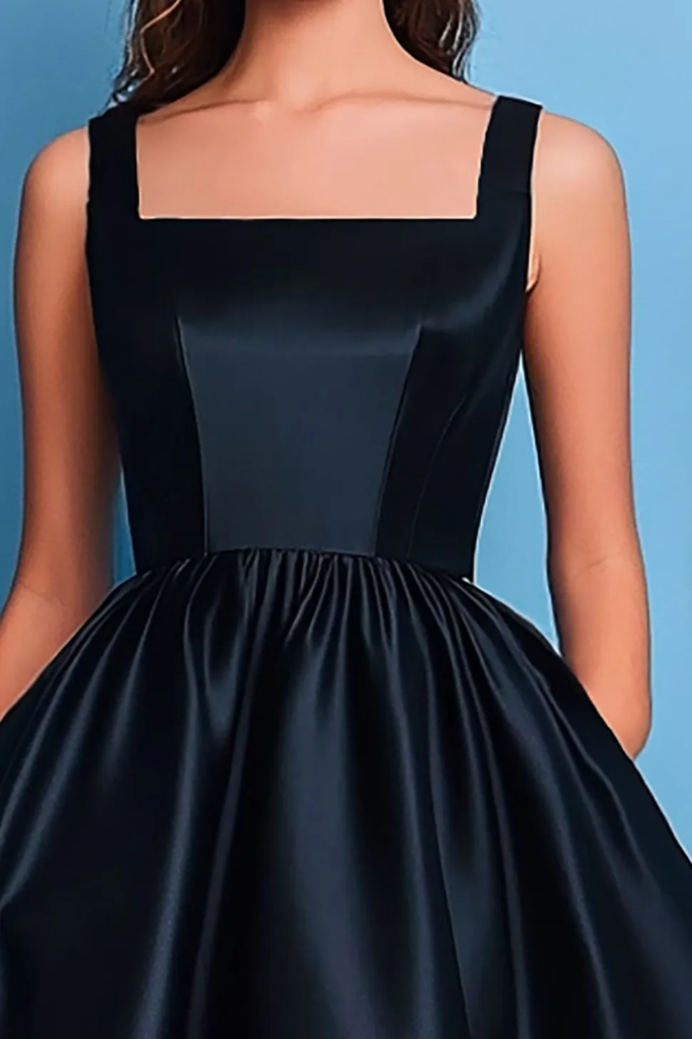 Preto Linha-A Pescoço Quadrado Cetim Longo Vestidos Cerimónia