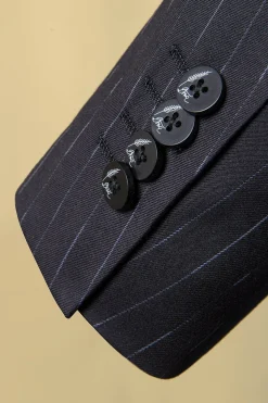 Preto Listras Dublo Peito Lapela de Pico 3 Peças Terno Masculino