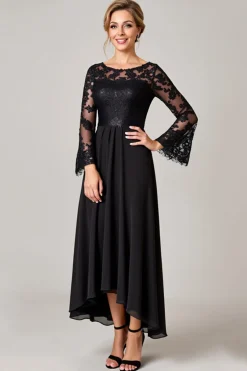Preto Mangas Compridas Pescoço de Barco Longos Vestido Mae Noiva
