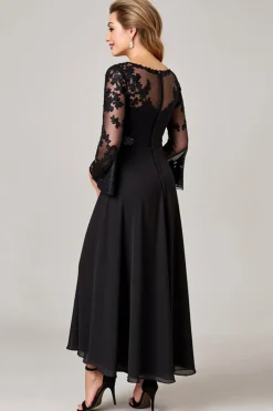 Preto Mangas Compridas Pescoço de Barco Longos Vestido Mae Noiva