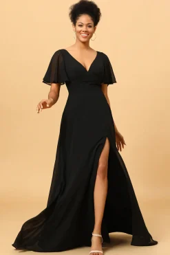 Preto Mangas de Batwing Vestido de Dama de Honra