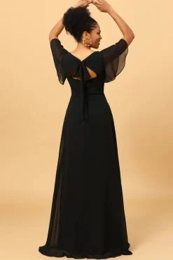 Preto Mangas de Batwing Vestido de Dama de Honra