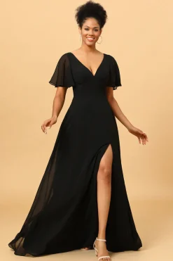 Preto Mangas de Batwing Vestido de Dama de Honra