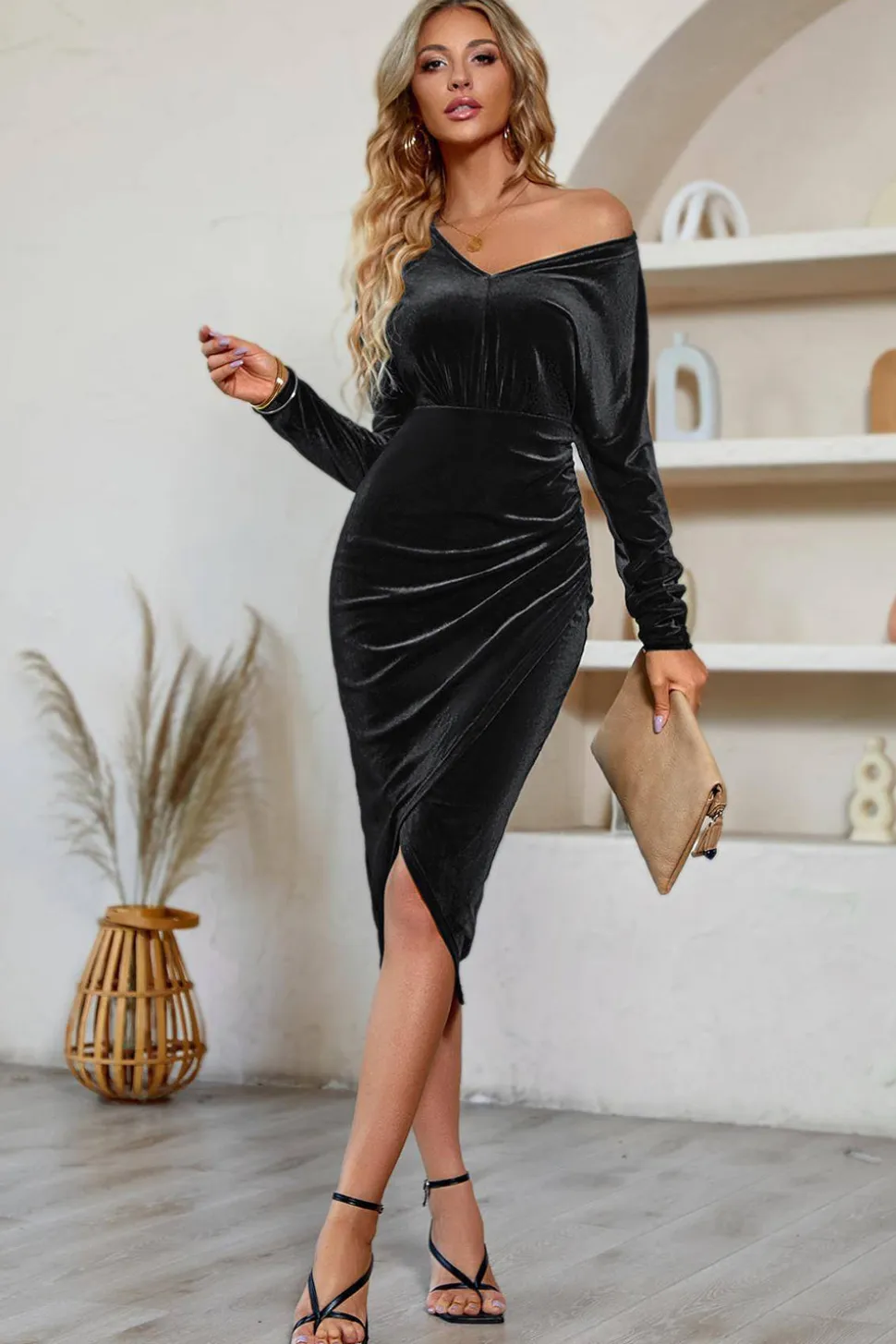 Preto Mangas Longas Veludo Vestido de Festa de Férias