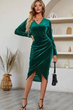 Preto Mangas Longas Veludo Vestido de Festa de Férias