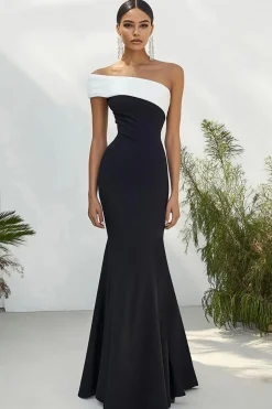 Preto Matte Satin Strapless Bainha Vestido Formal Longo