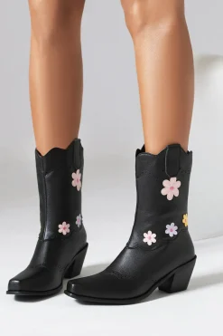 Preto Médio Calf Chunky Heel Cowgirl Botas