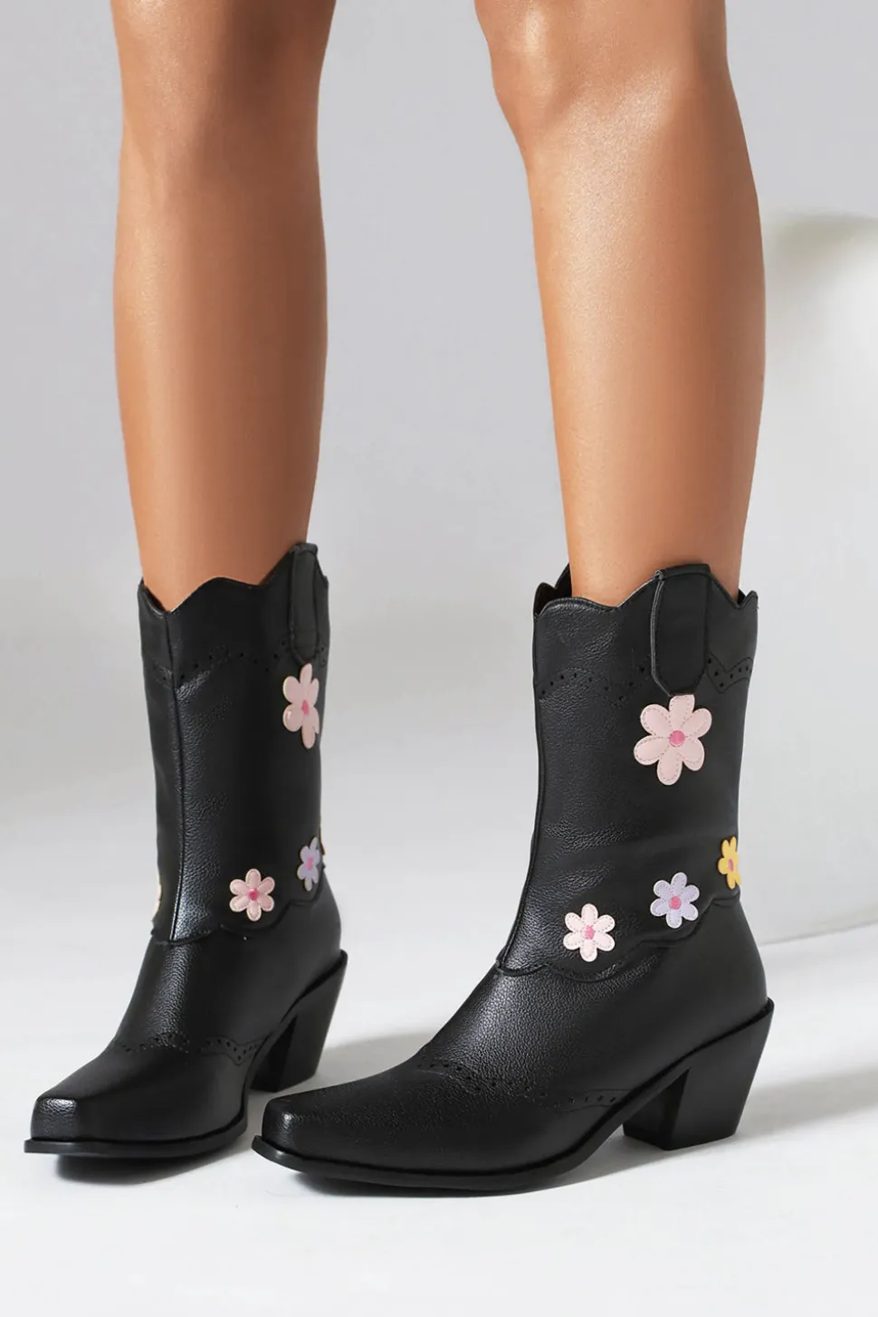 Preto Médio Calf Chunky Heel Cowgirl Botas