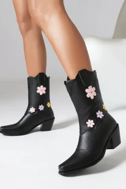 Preto Médio Calf Chunky Heel Cowgirl Botas