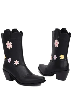 Preto Médio Calf Chunky Heel Cowgirl Botas