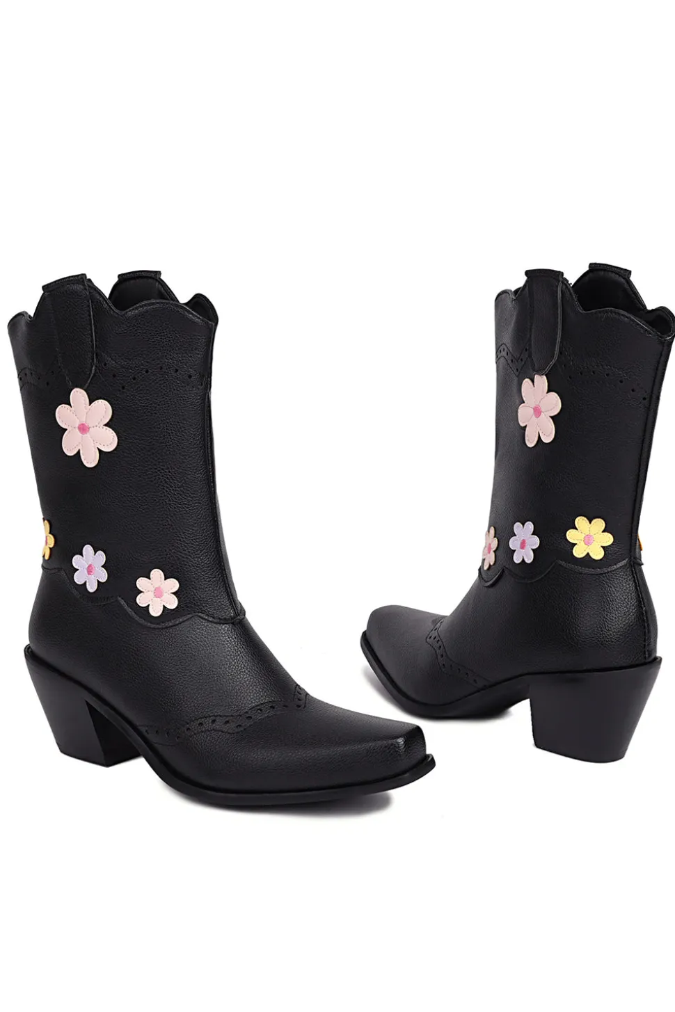 Preto Médio Calf Chunky Heel Cowgirl Botas