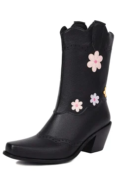 Preto Médio Calf Chunky Heel Cowgirl Botas
