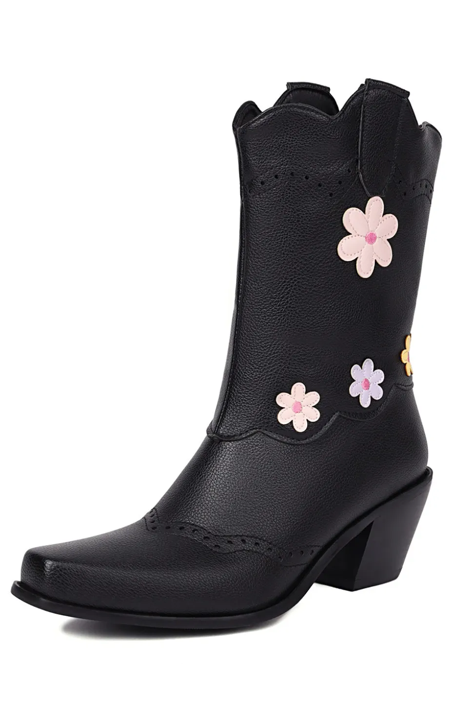 Preto Médio Calf Chunky Heel Cowgirl Botas