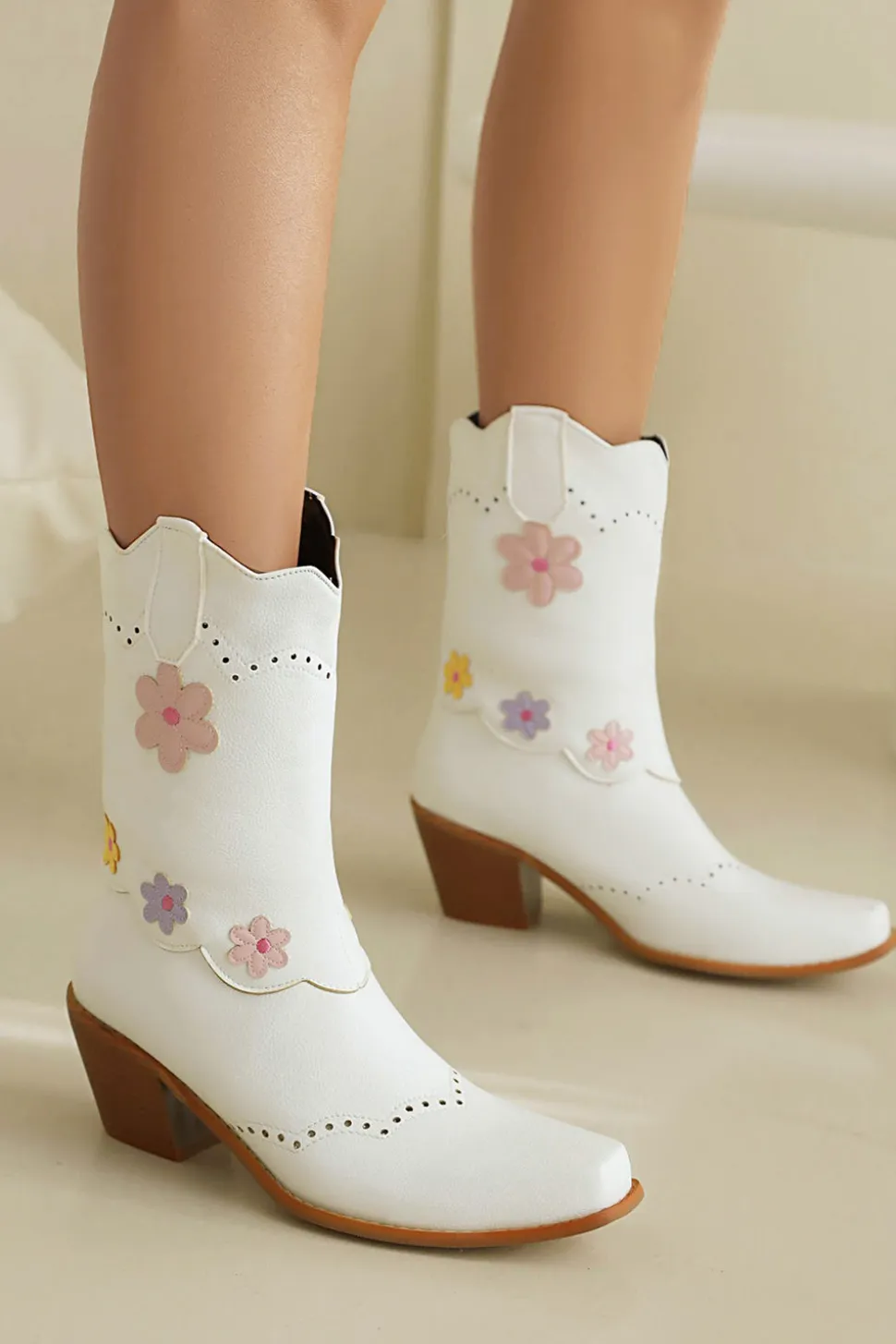 Preto Médio Calf Chunky Heel Cowgirl Botas