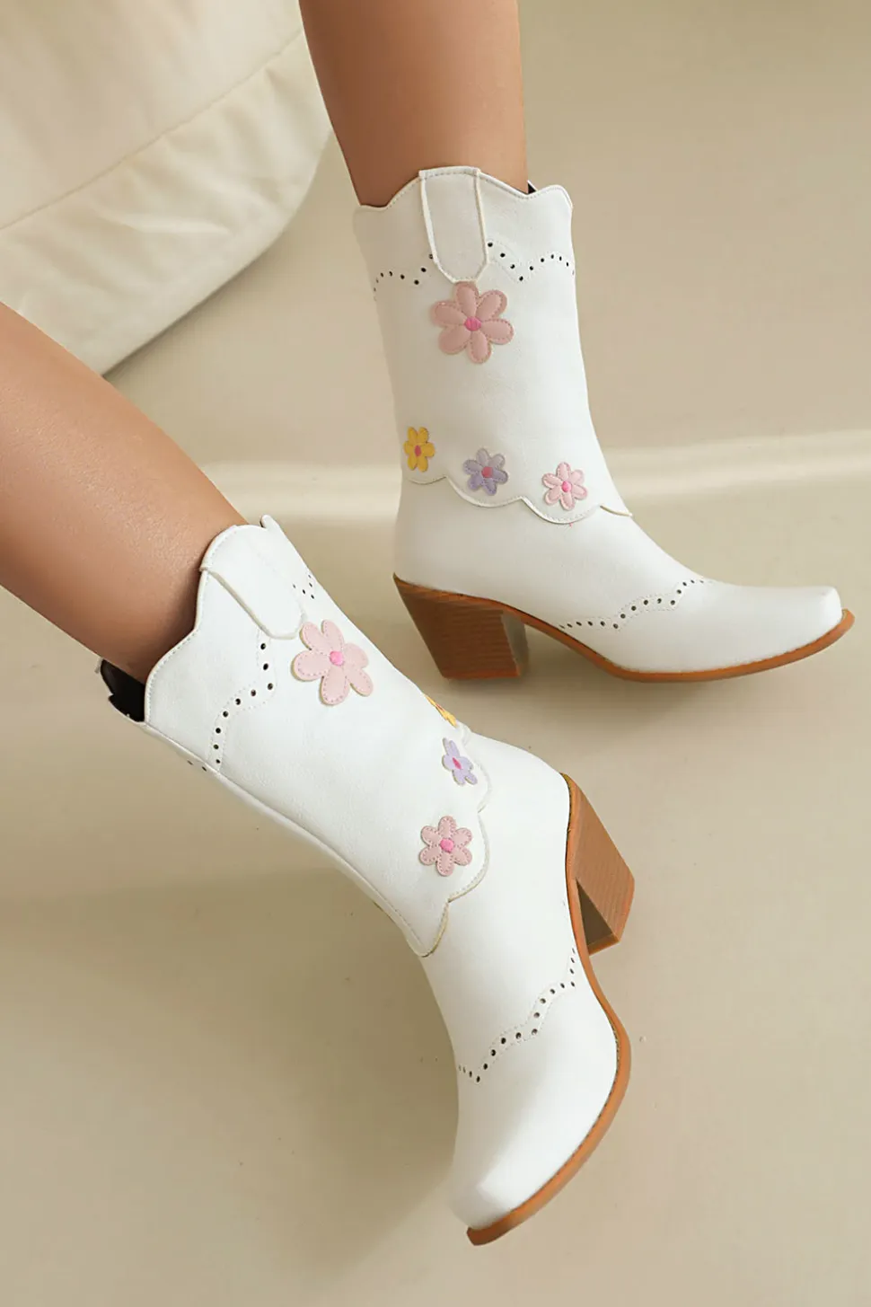 Preto Médio Calf Chunky Heel Cowgirl Botas