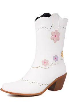 Preto Médio Calf Chunky Heel Cowgirl Botas