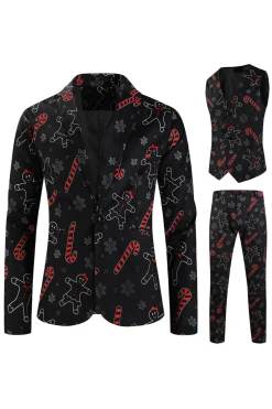 Preto Natal Floco de Neve Impresso Formal Party 3-Piece Terno Masculino