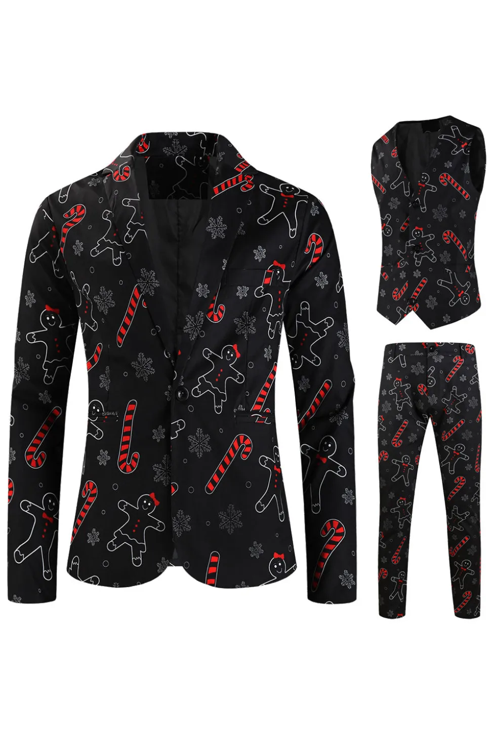 Preto Natal Floco de Neve Impresso Formal Party 3-Piece Terno Masculino