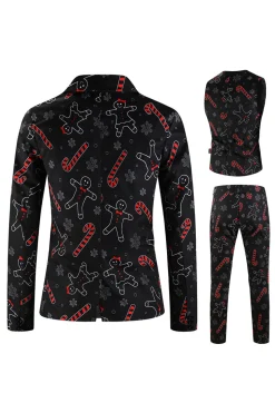 Preto Natal Floco de Neve Impresso Formal Party 3-Piece Terno Masculino