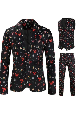 Preto Natal Impresso 3 Peças Notched Lapela Men's Festival Suits