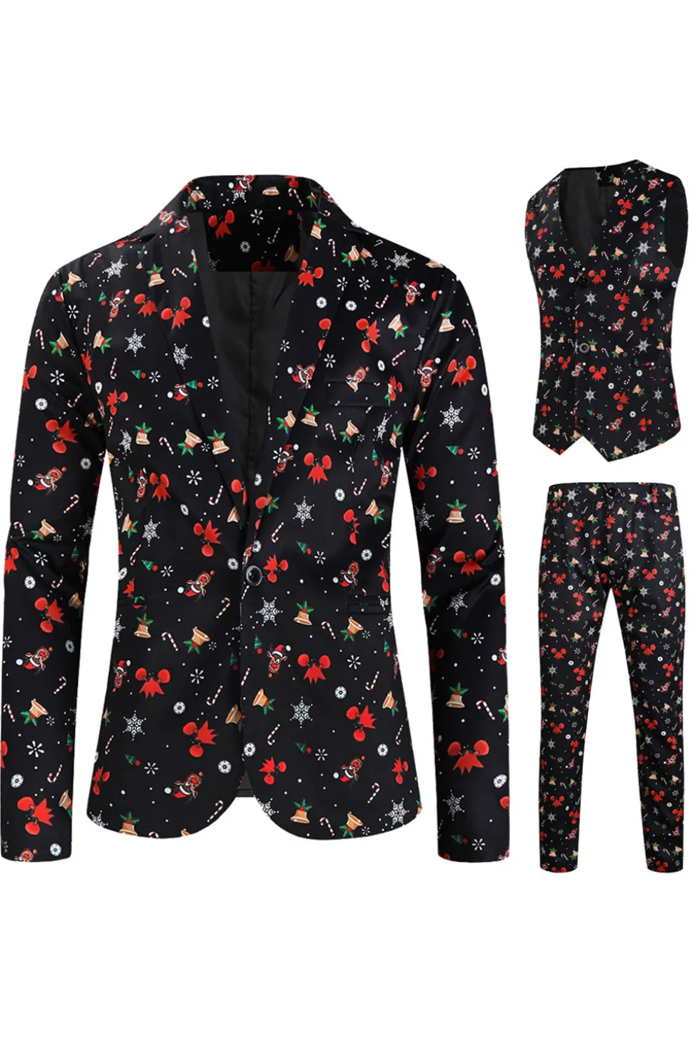 Preto Natal Impresso 3 Peças Notched Lapela Men's Festival Suits
