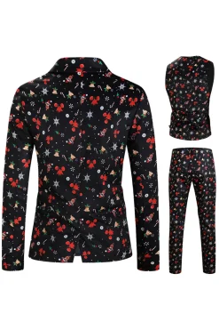 Preto Natal Impresso 3 Peças Notched Lapela Men's Festival Suits