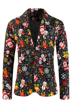 Preto Notched Lapela Bonecos de Neve Impresso Natal Slim Fitted Homens Ternos