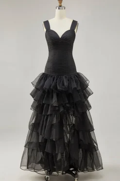 Preto Organza A-Line High-Low Vestido Formal com Folhos Fenda