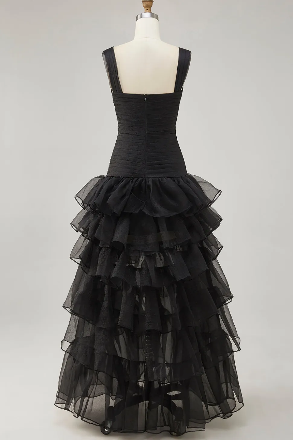 Preto Organza A-Line High-Low Vestido Formal com Folhos Fenda