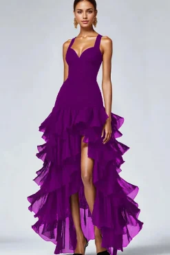 Preto Organza A-Line High-Low Vestido Formal com Folhos Fenda