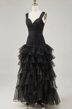 Preto Organza A-Line High-Low Vestido Formal com Folhos Fenda