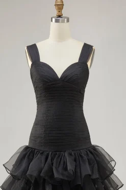 Preto Organza A-Line High-Low Vestido Formal com Folhos Fenda