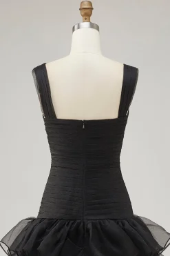 Preto Organza A-Line High-Low Vestido Formal com Folhos Fenda