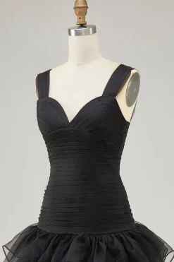 Preto Organza A-Line High-Low Vestido Formal com Folhos Fenda
