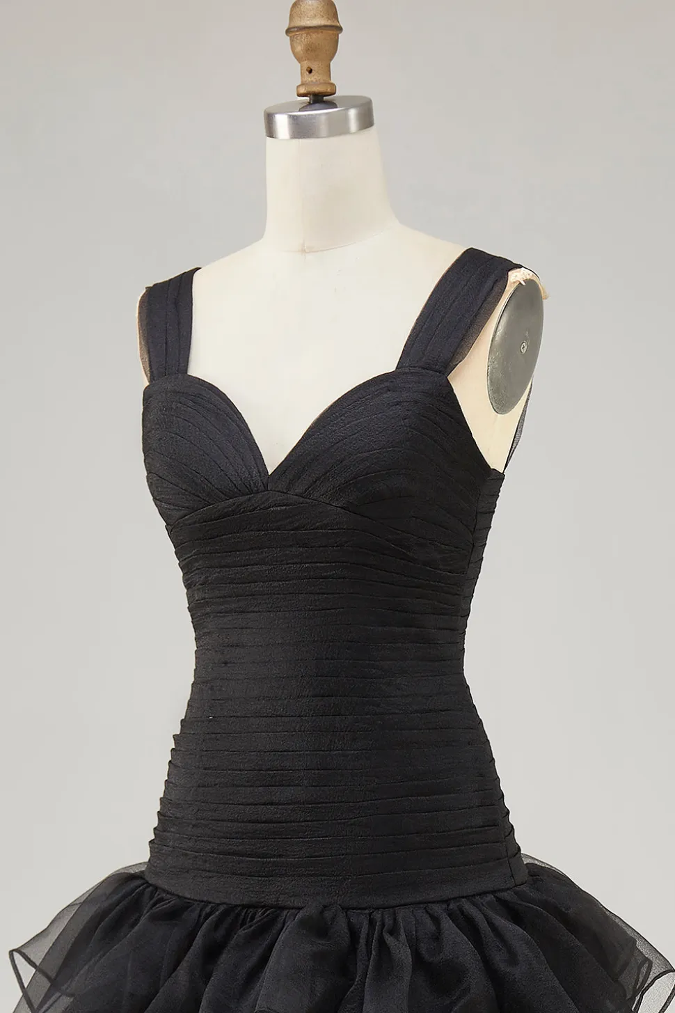Preto Organza A-Line High-Low Vestido Formal com Folhos Fenda
