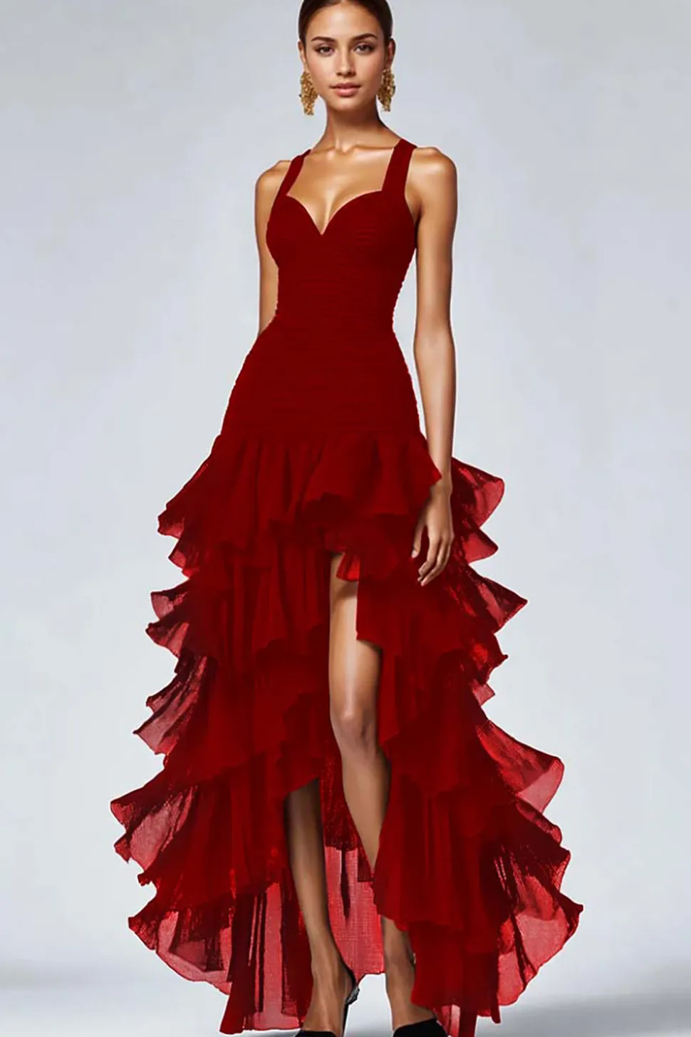 Preto Organza A-Line High-Low Vestido Formal com Folhos Fenda