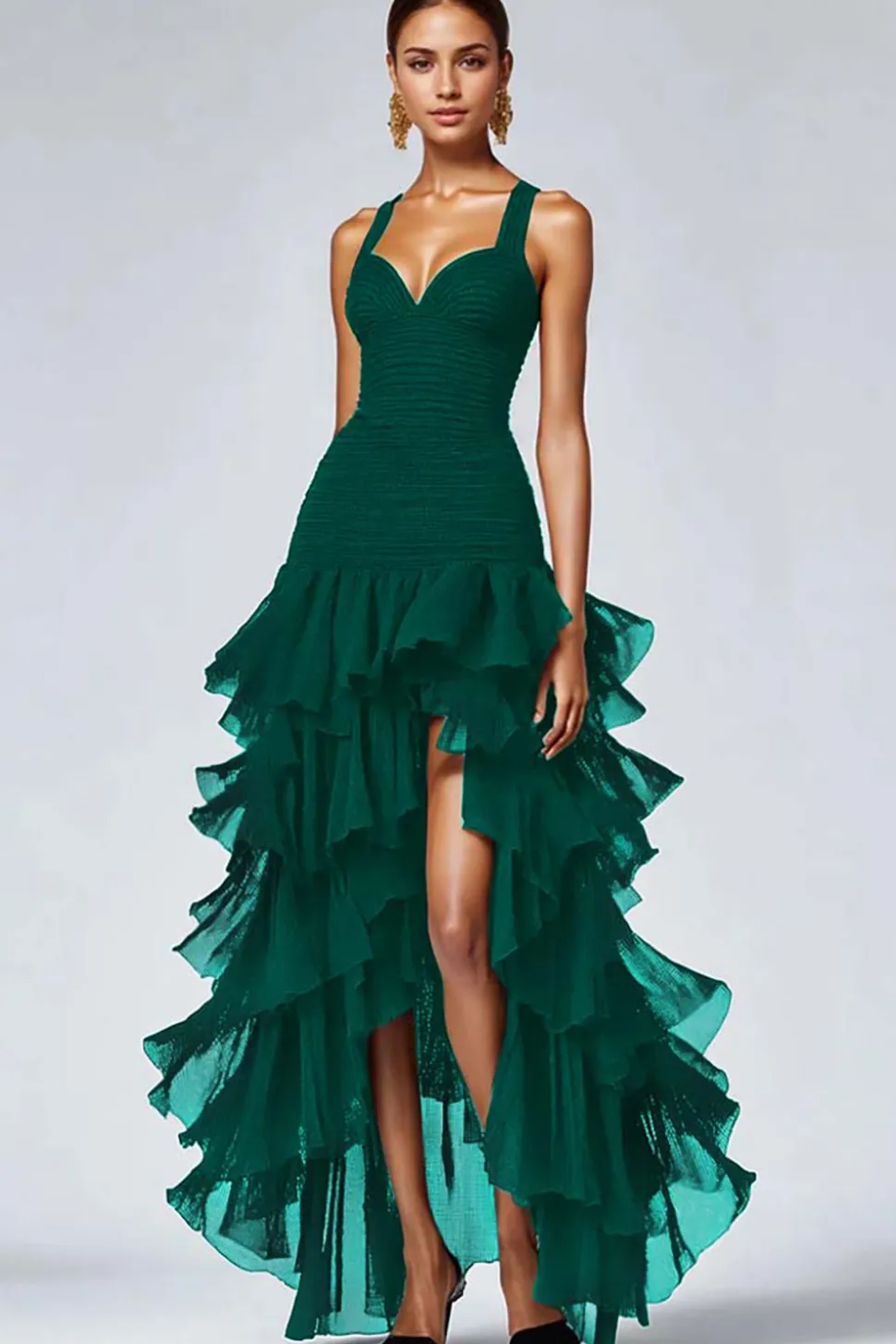 Preto Organza A-Line High-Low Vestido Formal com Folhos Fenda