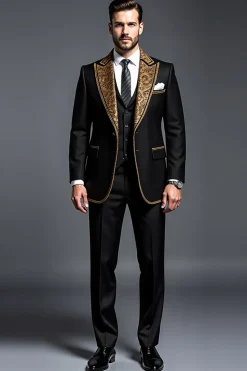 Preto Ouro Peak Lapela 3 Peças Fato Homem