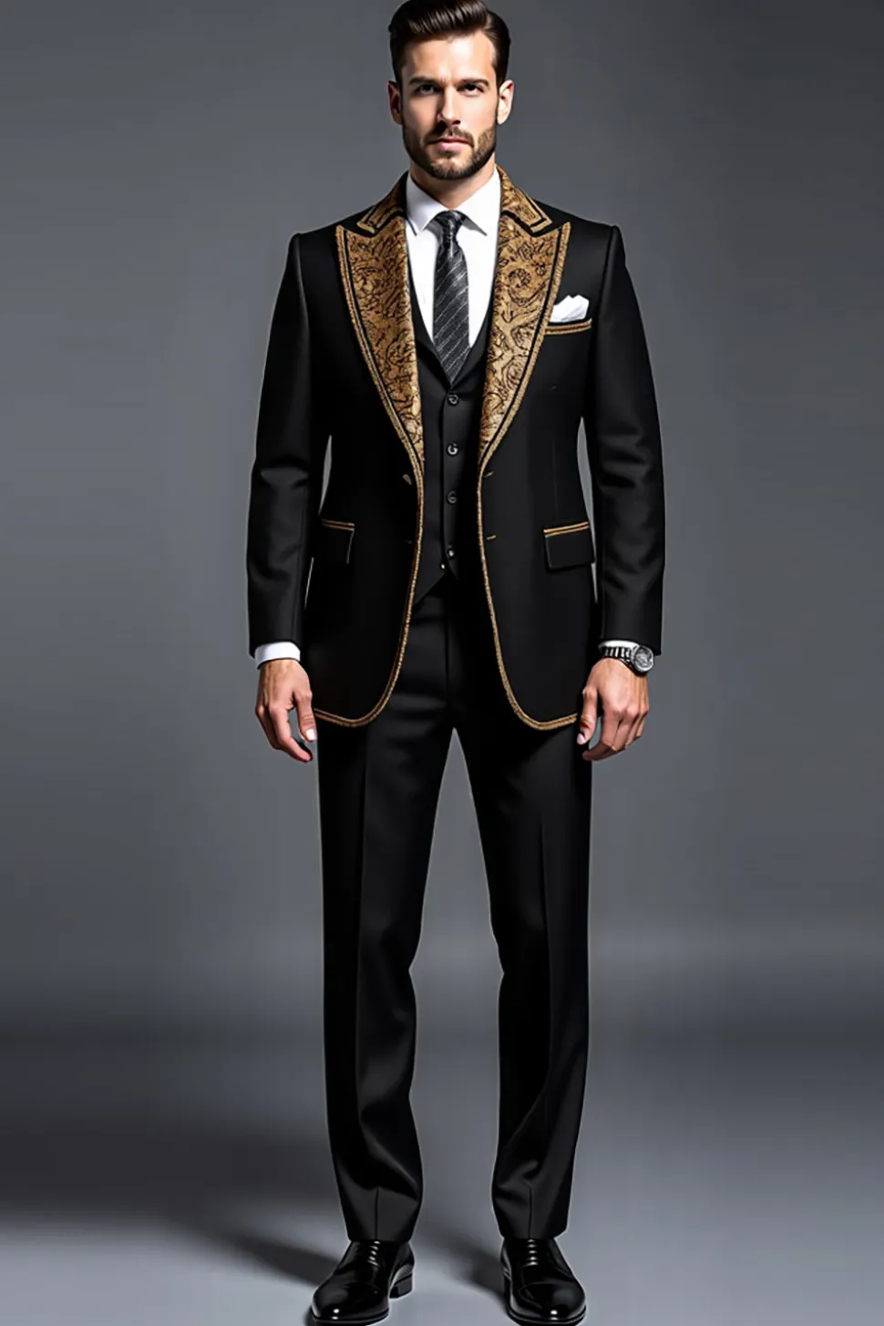 Preto Ouro Peak Lapela 3 Peças Fato Homem