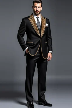 Preto Ouro Peak Lapela 3 Peças Fato Homem