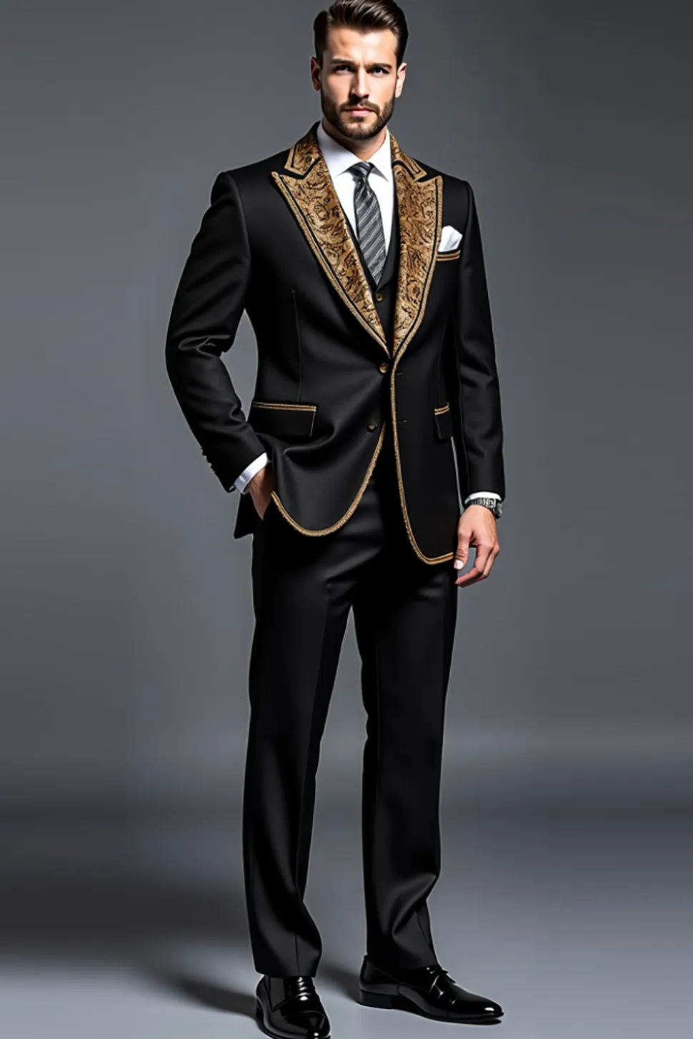 Preto Ouro Peak Lapela 3 Peças Fato Homem