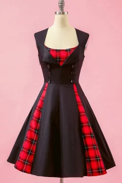 Preto Patchwork Plaid V Neck balanço vestido de festa