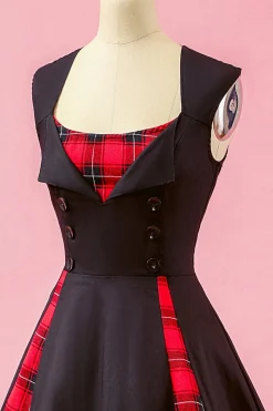 Preto Patchwork Plaid V Neck balanço vestido de festa