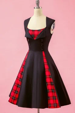 Preto Patchwork Plaid V Neck balanço vestido de festa