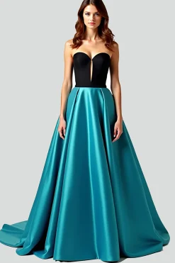 Preto Pavão Azul A-Line Strapless Cetim Long Prom Dress com Hollow out