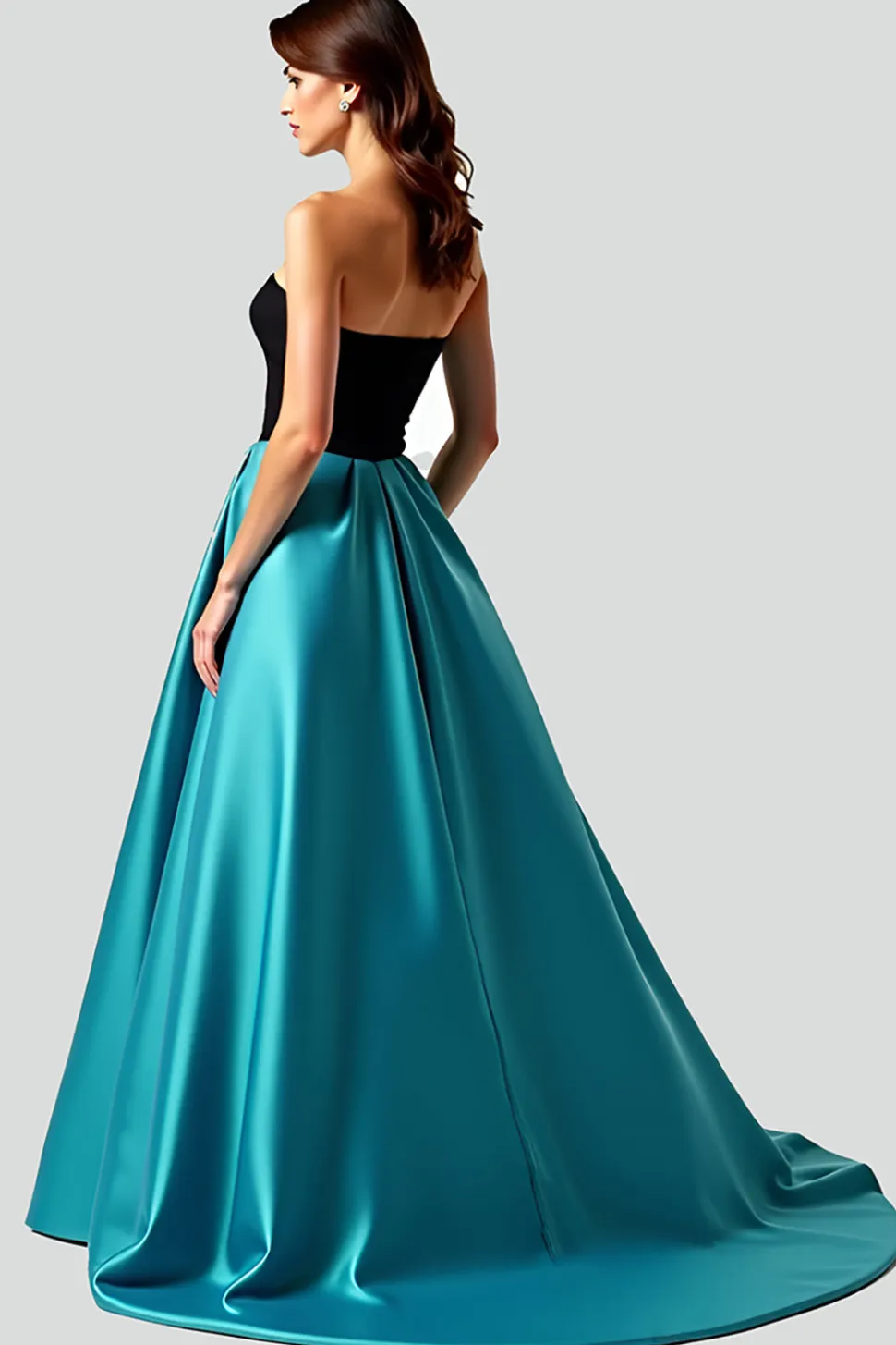 Preto Pavão Azul A-Line Strapless Cetim Long Prom Dress com Hollow out
