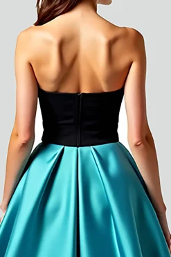 Preto Pavão Azul A-Line Strapless Cetim Long Prom Dress com Hollow out