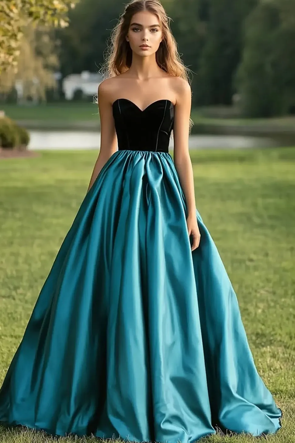 Preto Pavão Vestido Azul Bola Strapless Cetim Plising Long Prom Dress