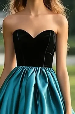 Preto Pavão Vestido Azul Bola Strapless Cetim Plising Long Prom Dress